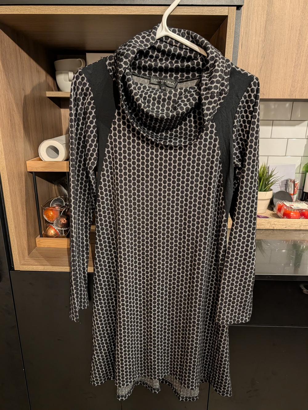 Cowl-Neck Long Sleeve Dress in Black and Gray